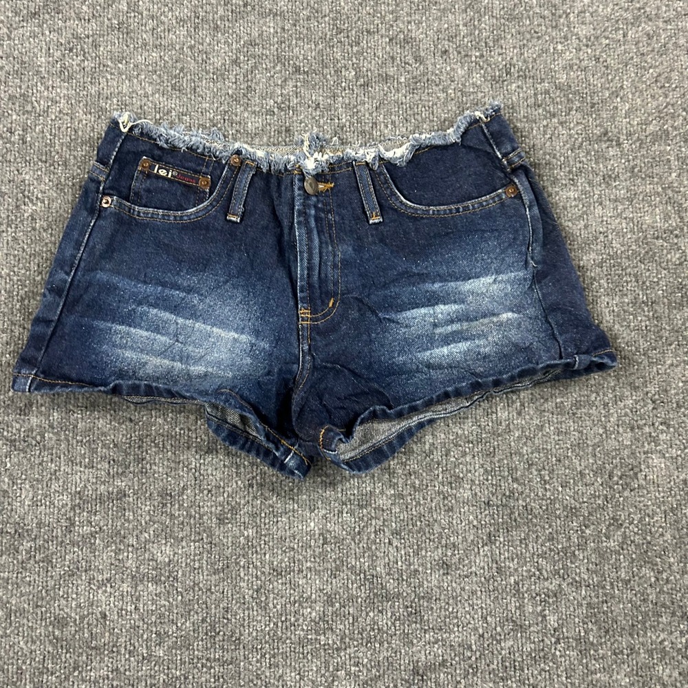 L.E.I. Denim Shorts Womens Size 5 Dark Wash Raw Hem Low Rise Y2K Cutoff Mini